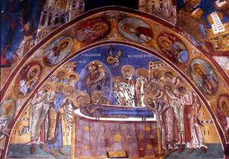 Lagoudera, monastery of Panagia Arakiotissa, mural of the Dormition.